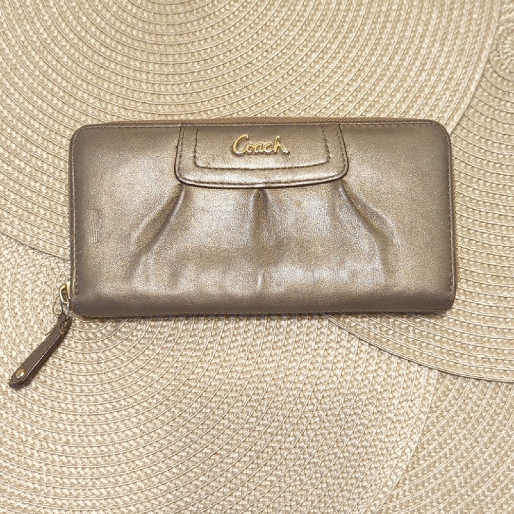 Coach Gold Leather Wallet with Zip-Around Closure